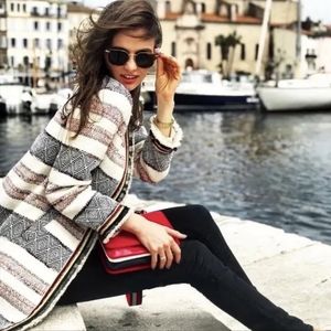 ZARA RED WHITE & BLUE BEADED TWEED JACKET COAT BLAZER